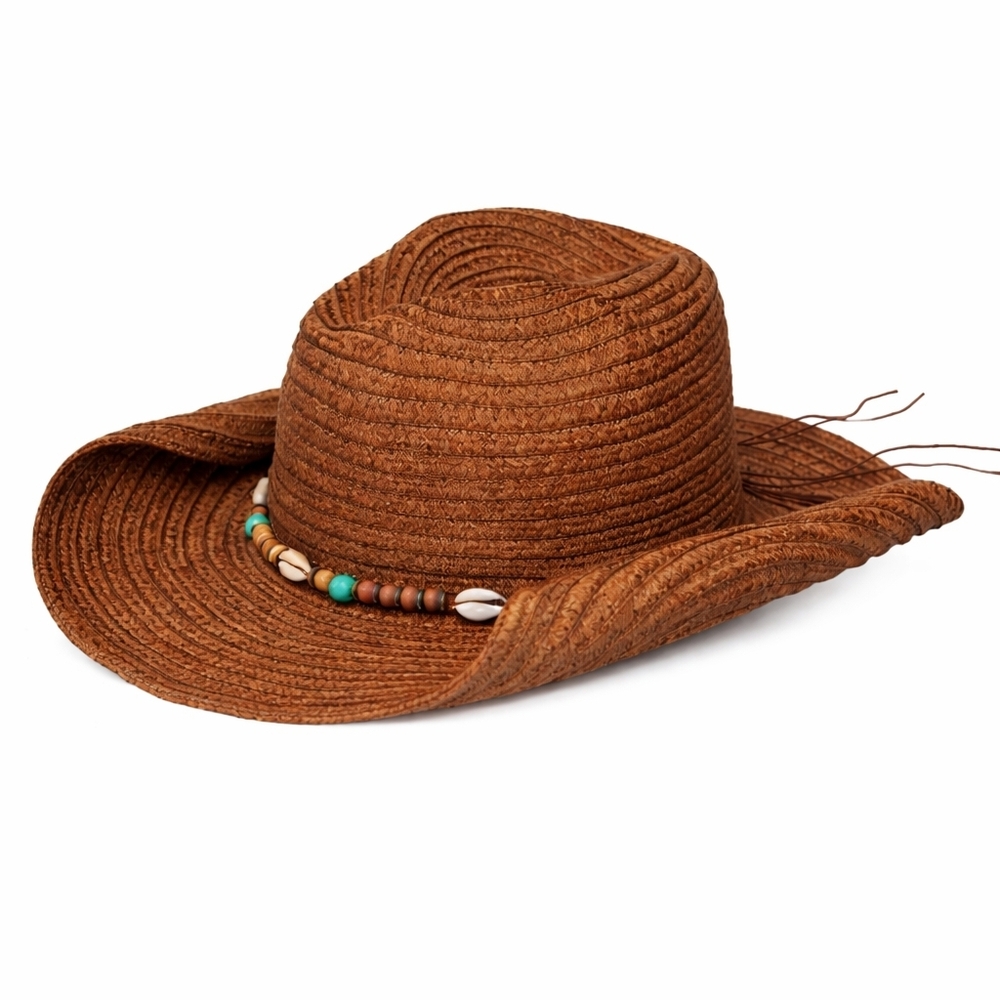 FESTIVAL READY👢✨️Women’s Brown Straw Beach Hat with Bead Trim